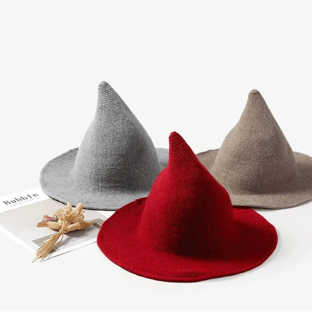 Knit Witch Wizard Hat Wired Brim Foldable‎ Grey Costume Halloween Cosplay